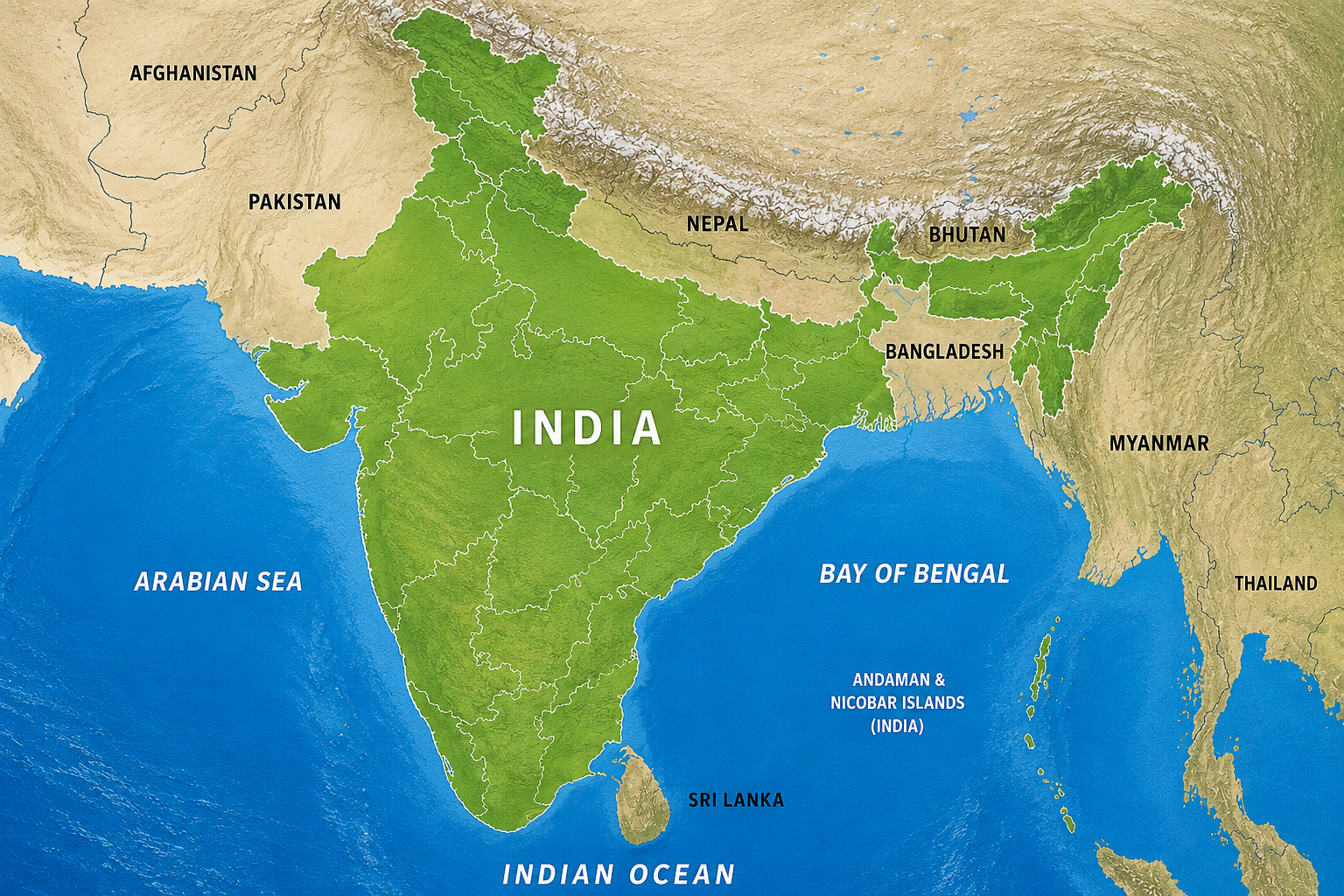 Geographic map of India highlighting 9 Coastal States and 4 Union Territories along the 11,098 km coastline